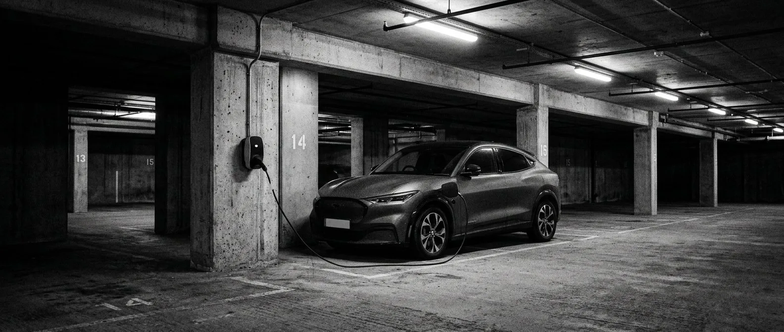 Electric car charging in an apartment basement carpark