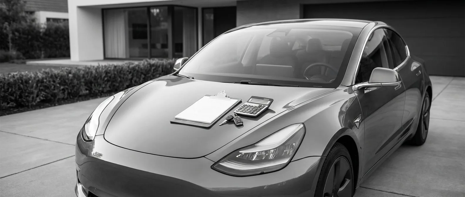Clipboard, calculator and keys on the bonnet of an electric car