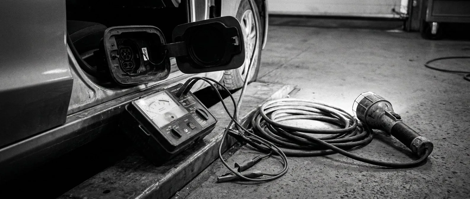 Insulation resistance tester and probe leads beside an electric car charge port