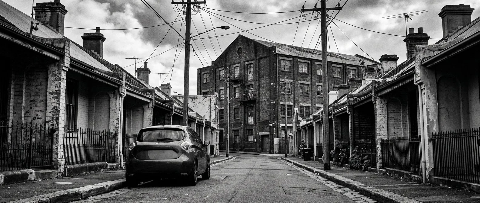 Electric car parked at the kerb on a narrow Inner West street