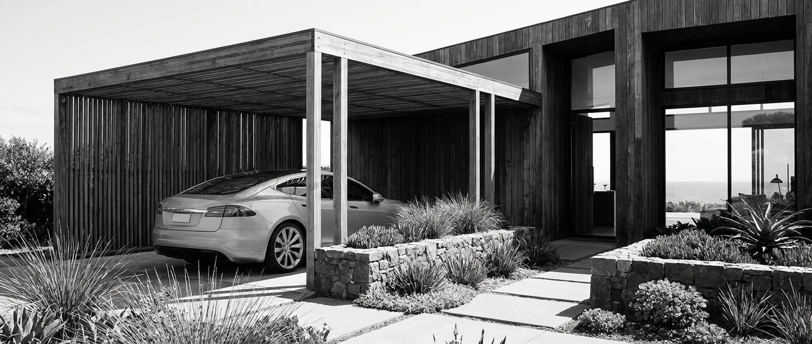 Electric car under the carport of a coastal house on the Mornington Peninsula