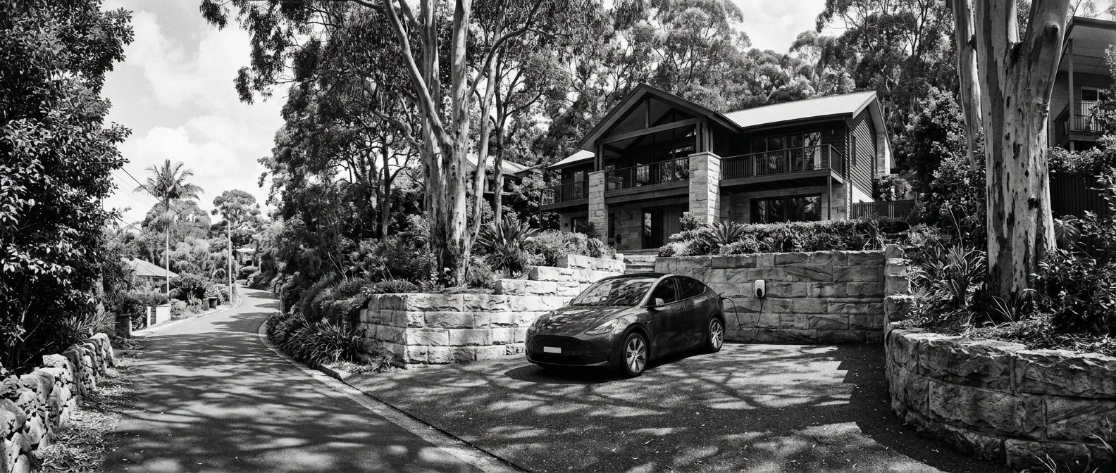 Electric car in a driveway on a leafy North Shore street