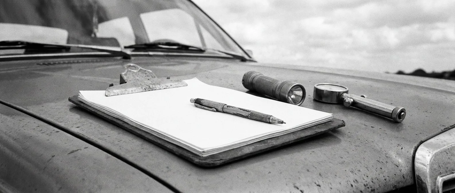 Printed vehicle inspection report and pen resting on a car bonnet