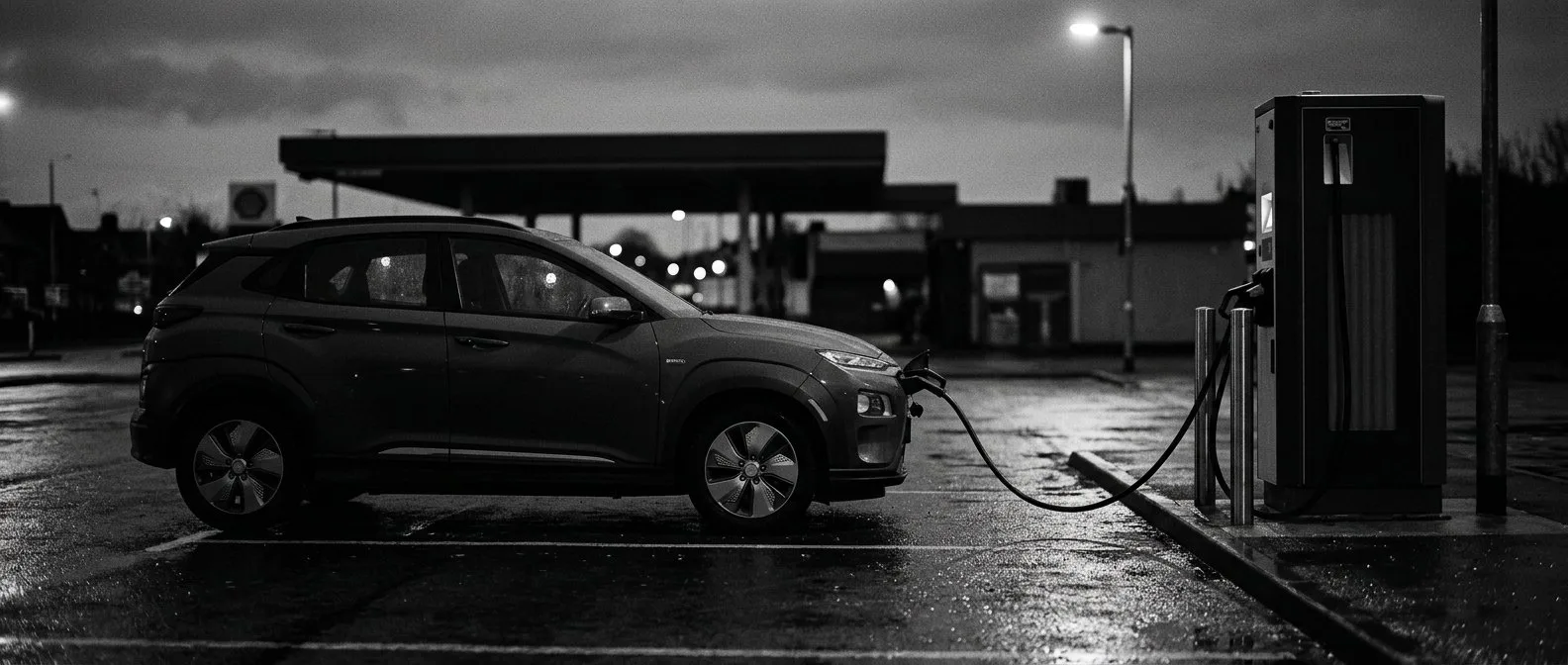 Electric car plugged into a public DC fast charging bay