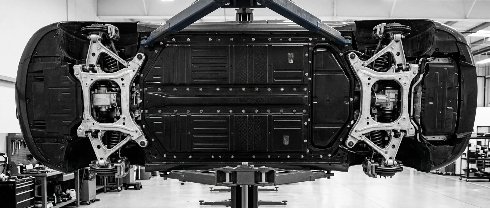 Underbody of an electric car on a hoist showing corrosion on subframe fasteners