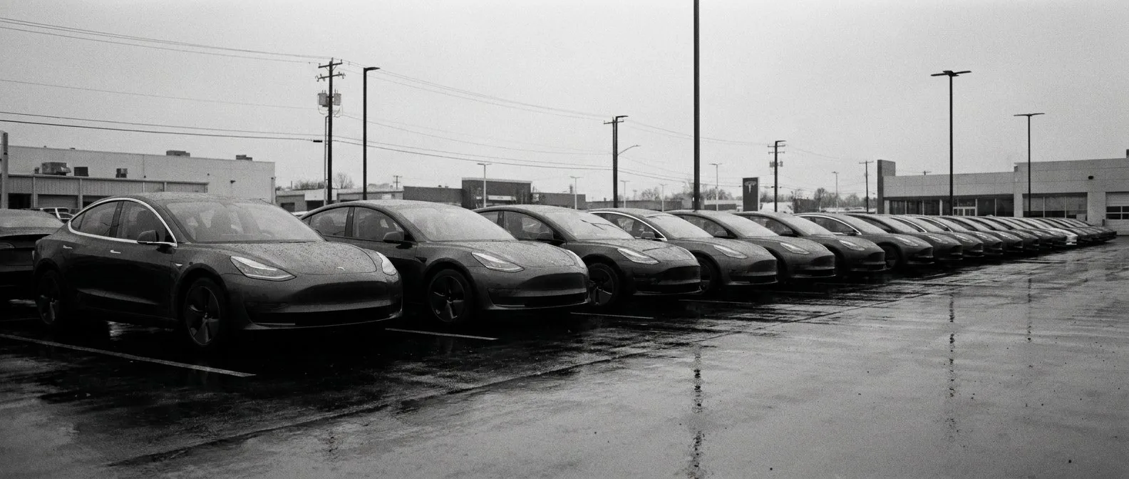 Row of near-identical ex-lease electric vehicles in a fleet return lot