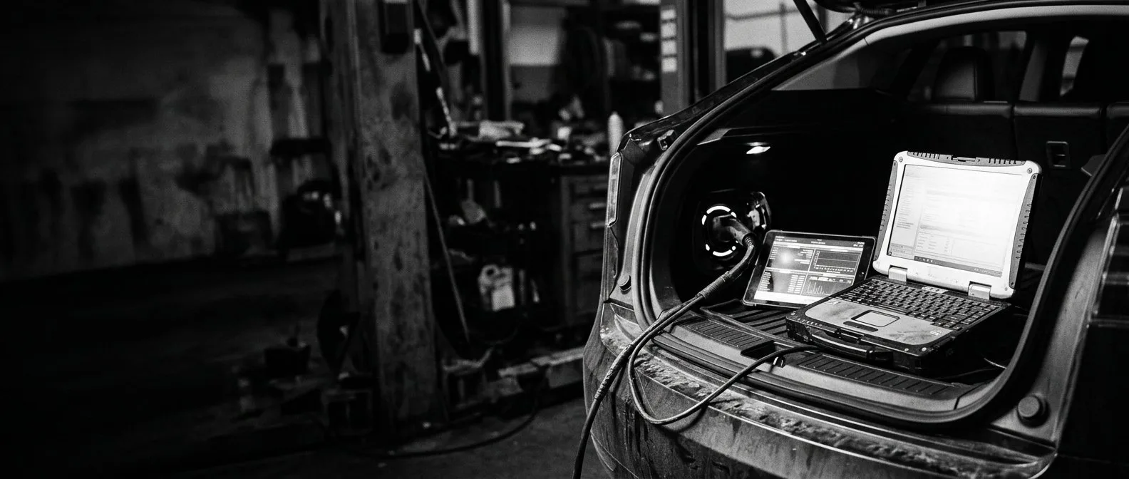 Diagnostic laptop connected to an electric vehicle to read battery state of health