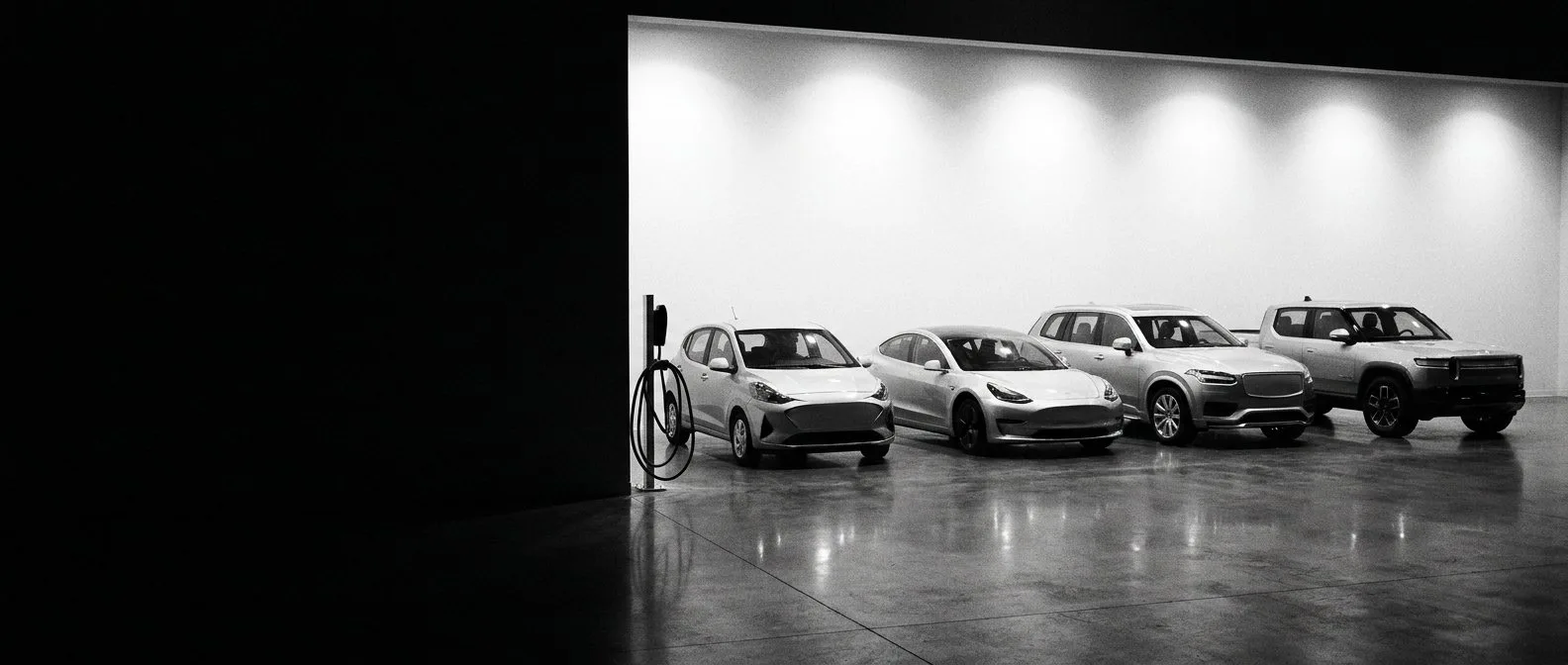Hatchback, sedan, SUV and dual-cab electric vehicles lined up in a dealership showroom