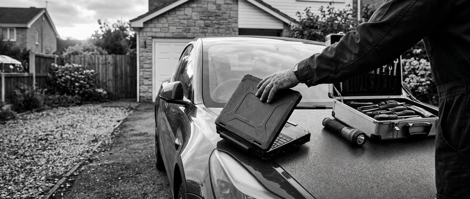 Technician closing a laptop on the bonnet of an electric car after an inspection