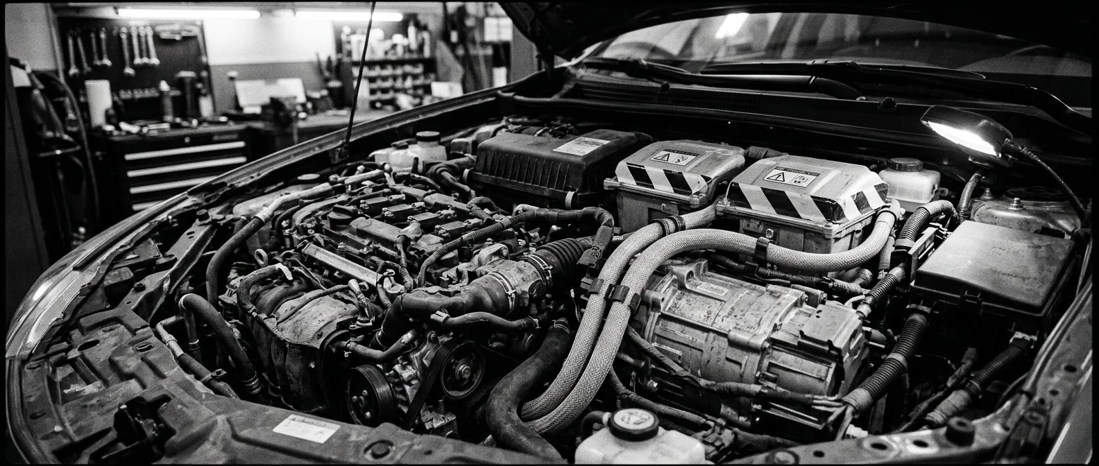 Hybrid engine bay showing the petrol engine and high-voltage cabling