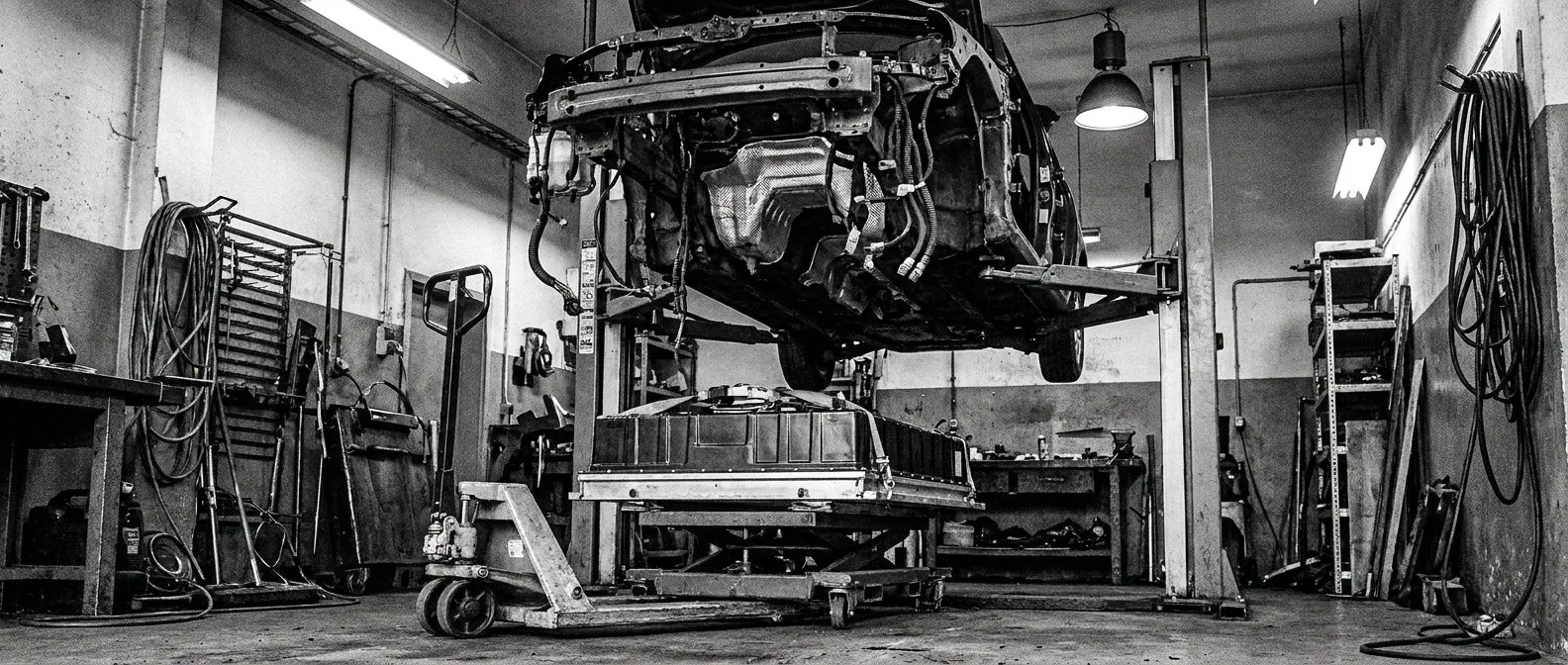 Electric vehicle battery pack lowered from a car on a workshop hoist