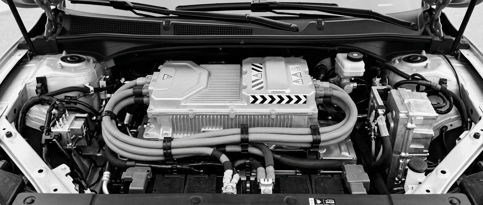 Inverter housing and shielded high-voltage cabling under an electric car bonnet