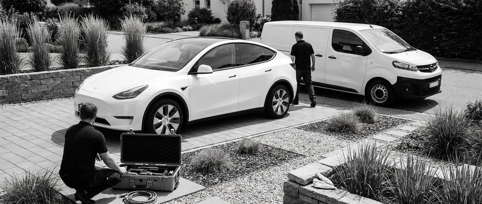 Mobile inspection van and an electric car in a suburban driveway