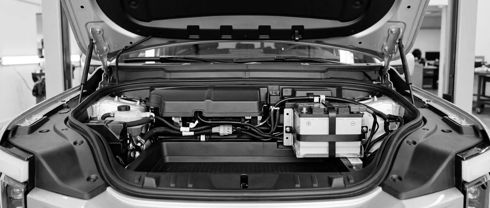 12-volt auxiliary battery under the front bonnet of an electric car