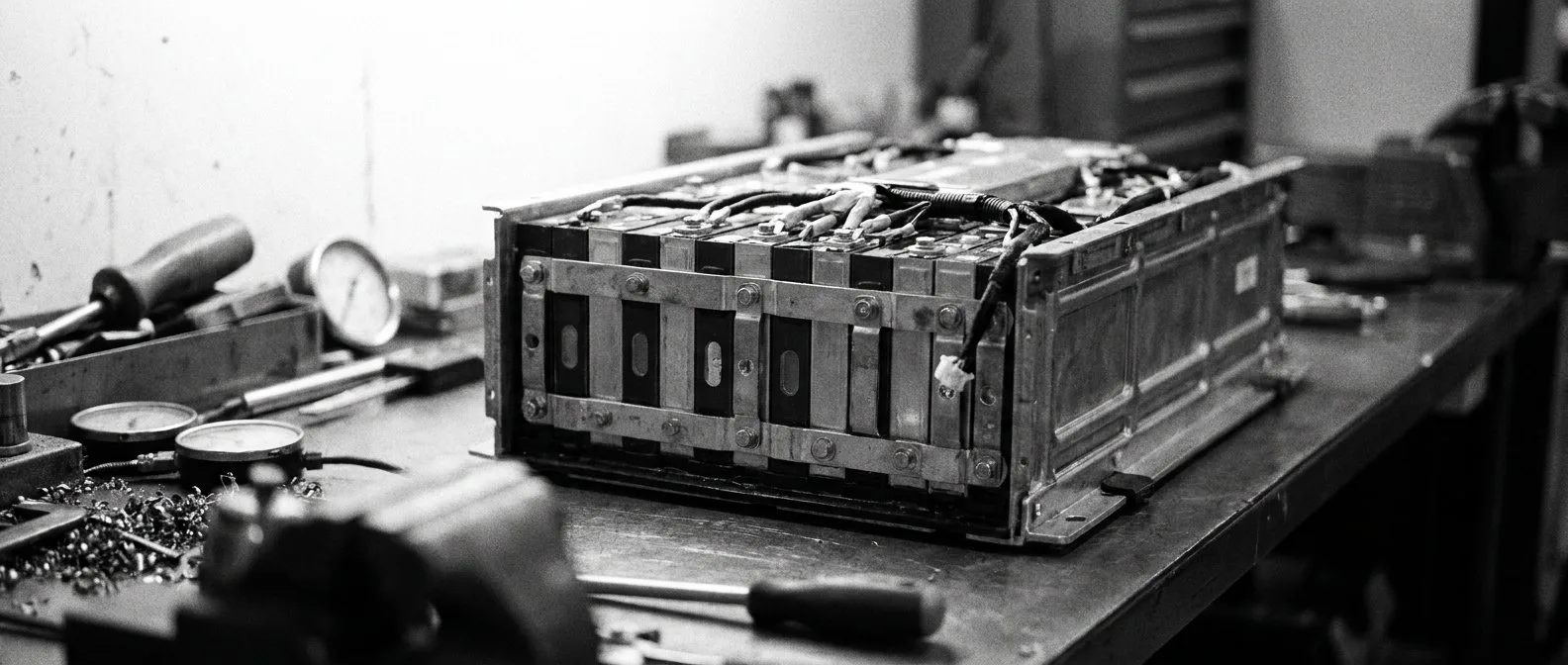 Electric vehicle battery module opened on a workshop bench