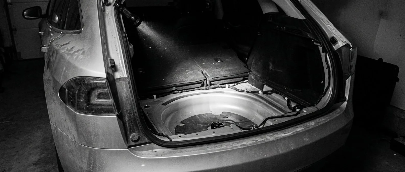 Boot floor of an electric SUV lifted to check the well for water ingress