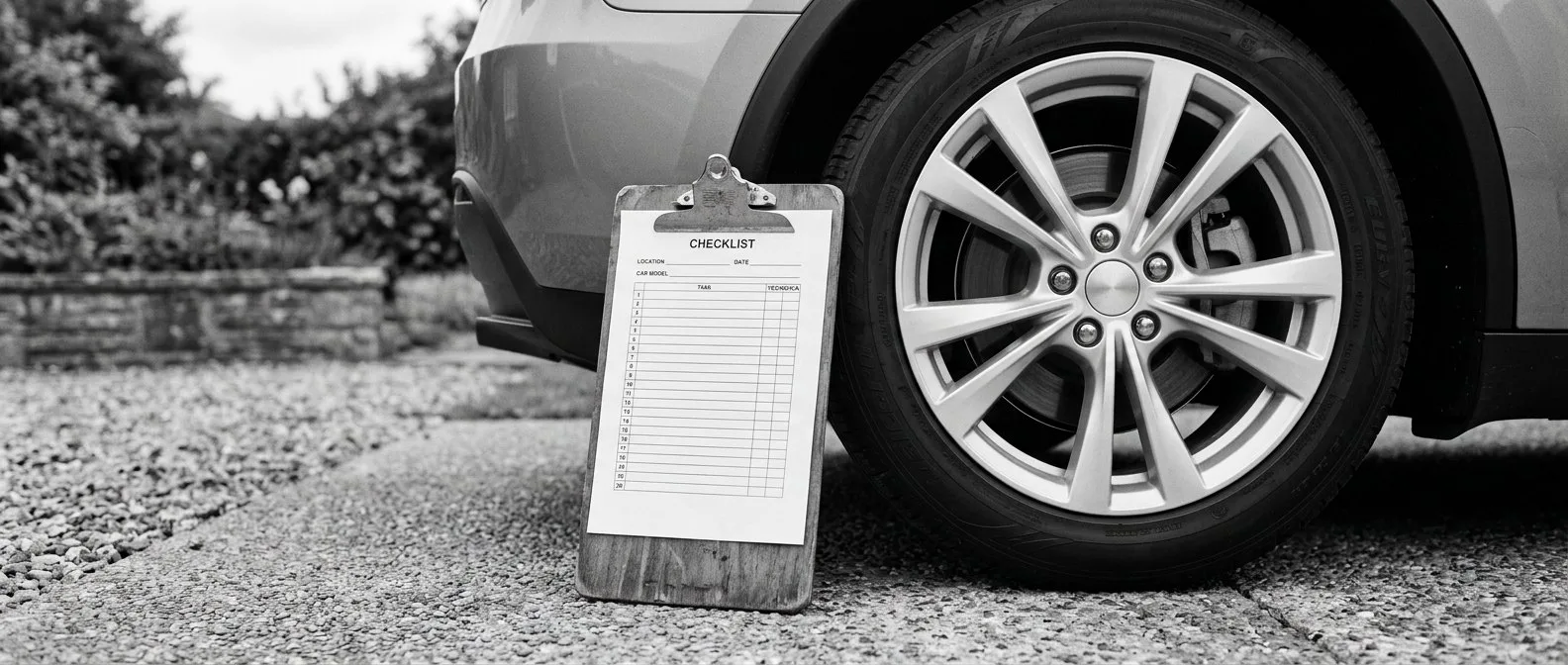 Inspection checklist on a board resting against the wheel of an electric car