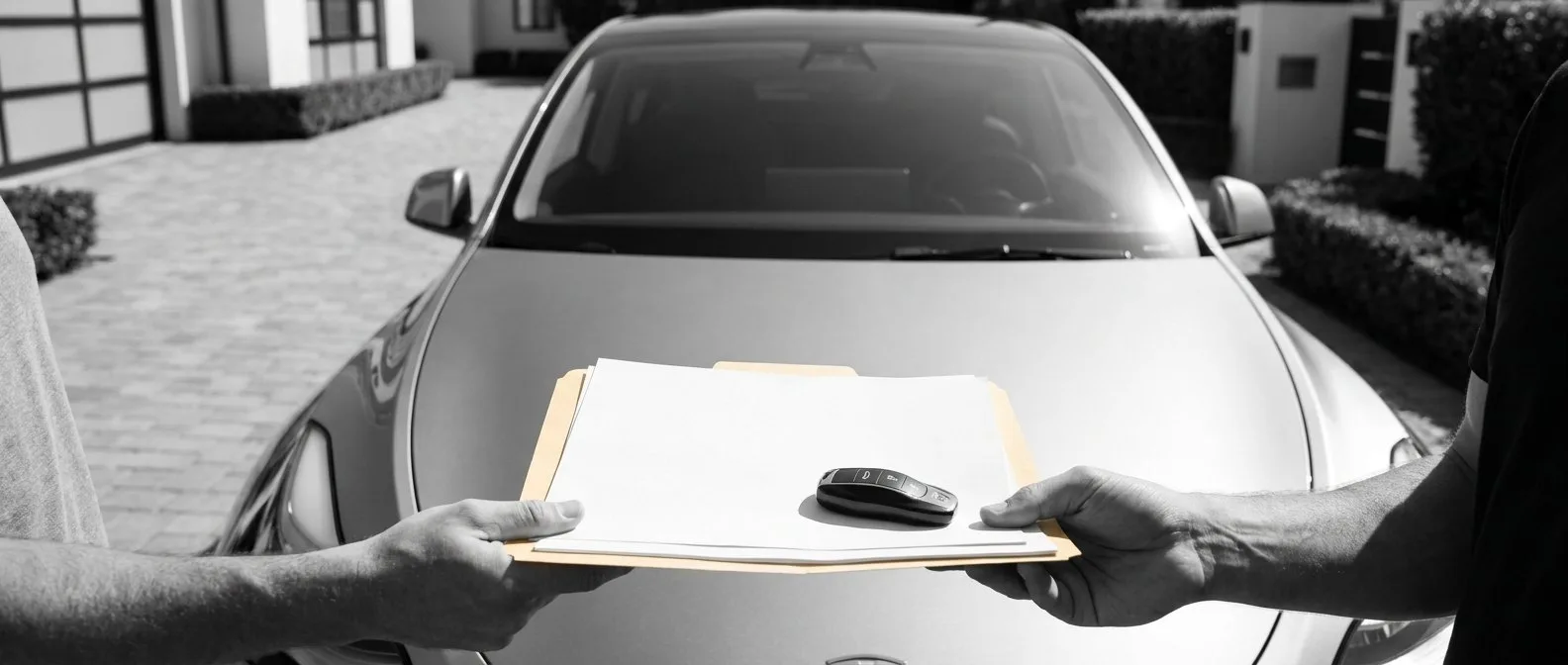 Vehicle documents and a key handed over on the bonnet of an electric car